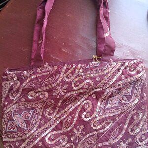 Phyllis Leibowitz NYC One Of A Kind Vintage Fabric Handbag - Maroon & Sequins